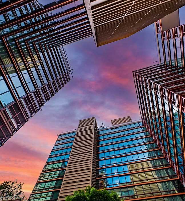 Beautiful Clean Windows in a Vertical View of Phoenix High-Rise Buildings.