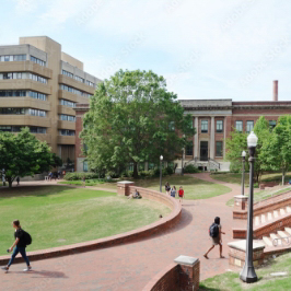 Students walking across a well maintained and clean educational campus.