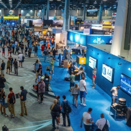 Birds-eye view of a busy convention floor set-up that is clean and well maintained.