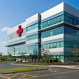 Outside view of tall healthcare facility with clean windows.