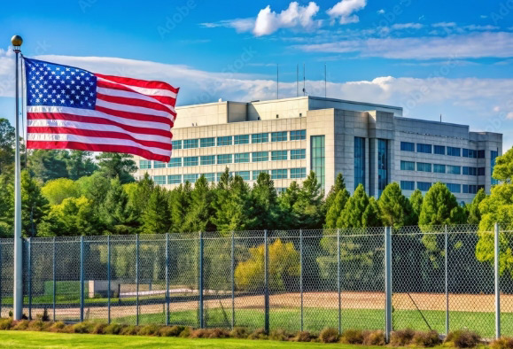 American flag flying outside of large government type facility.