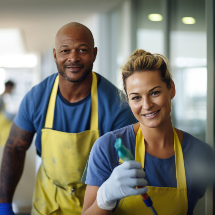 Man and woman wearing a protective apron while they are cleaning and providing janitorial services.